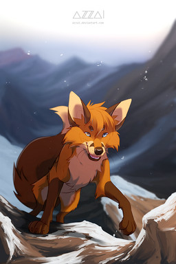 bangs black_nose black_whiskers blue_eyes brown_claws brown_eyebrows brown_markings cheek_tuft claws dipstick_tail eyebrows facial_tuft feral feral_with_hair fur hair long_snout male markings open_mouth orange_body orange_fur orange_hair outside short_hair snout snow snowing solo tail tail_markings tan_body tan_fur teeth tuft whiskers azzai canid canine fox mammal red_fox true_fox 2019 colored digital_drawing_(artwork) digital_media_(artwork) shaded
