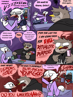 6_panel_comic annoyed anthro athletic_wear bottomwear brown_body brown_feathers chin_tuft clothing dialogue facial_tuft feathers gym_bottomwear gym_shorts half-closed_eyes holding_object hoodie humor inside male name_tag narrowed_eyes price_gun price_tag profanity shorts slightly_chubby slightly_chubby_anthro slightly_chubby_male smile speech_bubble text topwear tuft white_body white_feathers wide_eyed happyroadkill deborah_dove orin_owl avian bird columbid dove owl absurd_res comic english_text hi_res