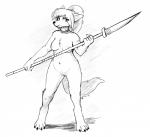 anthro barefoot biped blue_hair breasts casual_nudity collar collar_only feet female fluffy fluffy_tail fur genitals glaive hair humanoid_genitalia humanoid_pussy looking_at_viewer melee_weapon nipples nude polearm pussy simple_background slightly_chubby solo tail thick_thighs weapon white_body white_fur alonwoof the-minuscule-task bare_sands alon canid canine canis lobani mammal wolf 2019 absurd_res digital_media_(artwork) hi_res monochrome