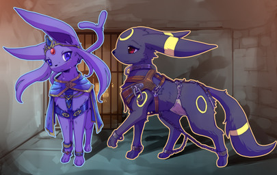 bottomwear bound chain chained clothing crupper duo female feral feral_bondage harness leather leather_harness loincloth male fadingsky nintendo pokemon esfil_(fadingsky) lucio_(fadingsky) eeveelution espeon generation_2_pokemon pokemon_(species) umbreon absurd_res hi_res