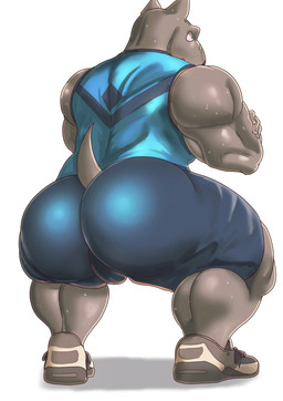 anthro big_butt big_muscles blue_bottomwear blue_clothing blue_eyes blue_shirt blue_shorts blue_topwear bodily_fluids bottomwear bulge butt clothing countershade_butt countershading crossed_arms crouching exercise footwear grey_body grey_skin male muscular muscular_anthro muscular_male plantigrade rear_view shirt shoes short_tail shorts sleeveless_shirt solo sweat sweatdrop tail topwear goldlightyou bull_terrier canid canine canis domestic_dog hunting_dog mammal terrier 2022 absurd_res hi_res