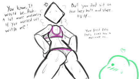 athletic_wear big_breasts blush bodily_fluids bottomwear bra breasts butt clothing cross-popping_vein dialogue dot_eyes dripping duo exercise_clothing female female_focus green_body green_skin grey_body grey_bottomwear grey_bra grey_clothing grey_panties grey_topwear grey_underwear heart_symbol humanoid_focus looking_up panties pink_bottomwear pink_bra pink_clothing pink_panties pink_topwear pink_underwear rear_view simple_background simple_eyes solo_focus sports_bra sports_panties sweat text thick_thighs topwear under_boob underwear vein white_background felino frogdor prisma_(fr0gv0re) amphibian frog humanoid shape_head 2020 english_text hi_res sketch