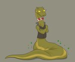 anthro apode bow_tie crossed_arms green_body green_scales legless looking_at_viewer male overweight scales serpentine simple_background slightly_muscular solo standing tail da~blueguy little_demon_(series) snake_with_arms_(little_demon) draconcopode naga reptile scalie snake 2023