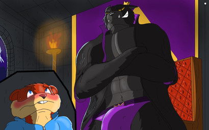 abs anthro blue_eyes blush buckteeth bulge chair clothed clothing crown detailed_background duo electricity eye_contact furniture grin headgear lightning looking_at_another looking_down male muscular muscular_anthro muscular_male partially_clothed sharp_teeth size_difference smile teeth throne throne_room underwear assassinfenrir conker's_bad_fur_day rareware conker panther_king felid mammal pantherine rodent sciurid tree_squirrel 16:10 digital_media_(artwork) hi_res shaded widescreen