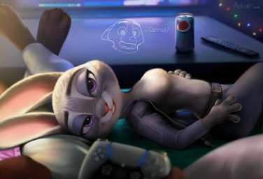 anthro bedroom_eyes beverage_can breasts christmas_decorations christmas_lights clothed clothing coffee_table controller crossed_legs dialogue duo electronics faceless_character faceless_male featureless_breasts female furniture game_controller hand_on_hip hand_on_own_hip hand_on_own_torso hand_on_torso head_on_lap jacket lying male male/female narrowed_eyes no_shirt offscreen_male on_lap on_sofa pillow playstation_controller seductive shirtless_female sofa surprised table television topwear tv_remote unzipped_jacket askalin disney pepsi playstation sony_corporation sony_interactive_entertainment zootopia judy_hopps nick_wilde canid canine european_rabbit fox lagomorph leporid mammal oryctolagus rabbit red_fox true_fox digital_media_(artwork)