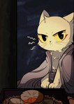 annoyed_expression anthro bedding bento blanket chinese domestic_cat felid feline felis food half_naked li_bing_(white_cat_legend) male mammal paws plant pouting prince radish royalty solo unknown_artist vegetable white_cat_legend young young_male