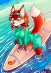 anthro anthro_focus beach black_nose blush breasts clothed clothing dipstick_tail ear_piercing ear_ring feet female feral fingerless_(marking) fingers fur hair leg_markings markings one-piece_swimsuit outside partially_submerged piercing red_body red_fur red_hair ring_piercing sea sitting socks_(marking) solo spread_legs spreading surfboard swimwear tail tail_markings toes water wetsuit kastoluza arthropod canid canine crab crustacean decapoda fox malacostracan mammal marine digital_media_(artwork) hi_res