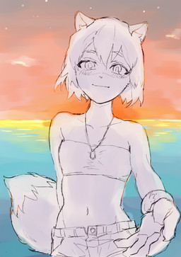 anthro blush bracelet breasts clothed clothing female fluffy fluffy_tail fur hair jewelry navel necklace reaching_towards_viewer short_hair small_breasts solo star sunset tail topwear uzimusi_fgo brand_new_animal studio_trigger michiru_kagemori canid canine mammal raccoon_dog tanuki