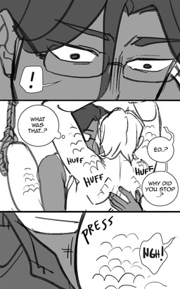 bdsm bondage bound clothed clothing duo exclamation_point eyewear female glasses hair male male/female not_furry nude rope scales simple_background speech_bubble text starfleetrambo edward_(starfleetrambo) oskar_(starfleetrambo) animal_humanoid human humanoid mammal marine marine_humanoid oarfish_humanoid siren comic digital_media_(artwork) english_text hi_res sketch trans_(lore) trans_man_(lore)