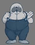 anthro bulge button_(fastener) clothed clothing eyes_closed fur grey_background male nipples open_mouth overalls overweight overweight_male pecs simple_background solo standing white_body white_fur locitony kirby_(series) nintendo mr._frosty_(kirby) mammal marine pinniped walrus 2022 full-length_portrait hi_res portrait