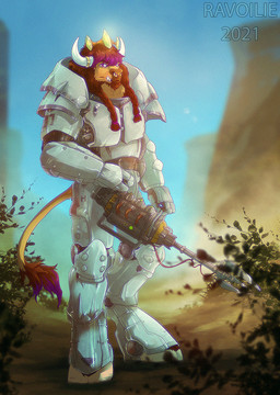 anthro armor clothed clothing fingers hair horn machine male power_armor solo weapon ravoilie fallout microsoft mammal 2021 digital_media_(artwork) hi_res