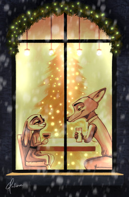 anthro chair christmas_tree clothed clothing container cup duo ears_down eye_contact female fully_clothed furniture holding_container holding_cup holding_object holidays light lights looking_at_another male pivoted_ears plant sitting smile table tree window qalcove christmas disney zootopia judy_hopps nick_wilde canid canine fox lagomorph leporid mammal rabbit red_fox true_fox 2019 absurd_res hi_res lighting signature