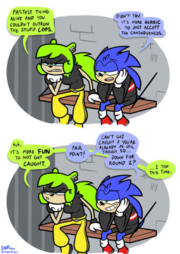 annoyed anthro bars black_clothing black_shirt black_topwear blue_body blue_eyes blue_fur blue_quills blush bottomwear bracelet clothed clothed_anthro clothed_female clothing dialogue duo ear_piercing female footwear fully_clothed fully_clothed_anthro fully_clothed_female fur gloves green_body green_eyes green_fur green_hair grey_wall hair handwear jewelry male pants piercing prison_cell prisoner quills_(anatomy) red_clothing red_footwear red_shoes shirt shoes smile smirk speech_bubble tan_mouth text topwear white_clothing white_gloves white_handwear yellow_bottomwear yellow_clothing yellow_footwear yellow_pants yellow_shoes theenfman idw_publishing sega sonic_the_hedgehog_(comics) sonic_the_hedgehog_(idw) sonic_the_hedgehog_(series) sonic_the_hedgehog surge_the_tenrec afrosoricid eulipotyphlan hedgehog mammal tenrec comic english_text hi_res