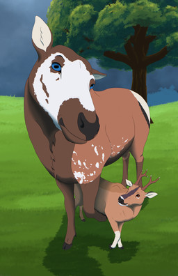 antlers cloven_hooves detailed_background female feral grass hooves horn larger_female male mottled piebald plant size_difference smaller_male standing_over storm tree twistedewe cascadia_(twistedewe) kairo_(twistedewe) cervine deer elk mammal new_world_deer roe_deer comic hi_res