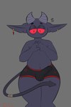 absurd_res blush bulge clothing dangermons demon ear_piercing ear_ring erection erection_under_clothing genitals hi_res humanoid imp male nervous piercing red_eyes ring_piercing simple_background slightly_chubby solo tail thick_thighs underwear