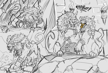 2_horns 4_toes ambiguous_feral ambiguous_gender anklet black_nose braided_mane brick_wall cheese claws curved_horn dairy_products dialogue duo ear_piercing ear_ring eating eating_cheese eating_food feeding feet feral fire food fur fur_markings furrowed_brow grey_claws grey_markings gums horn jewelry leaning_on_knee long_tail lying markings motion_lines on_front open_mouth open_smile piercing plant quadruped ring_piercing rock sharp_teeth sitting smile tail teeth text toe_claws toes tongue toothy_smile torch walking wall_(structure) white_tail yelling mathew-b blizzard_entertainment warcraft canid druid_(feral) mammal werecanid werecreature worgen worgen_(feral) 2023 digital_drawing_(artwork) digital_media_(artwork) english_description english_text multiple_images shaded sketch_page