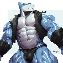 abs anthro areola biceps black_clothing black_jacket black_thong black_topwear black_underwear black_wraps blue_body blue_scales bulge clothing deltoids fin head_fin jacket male multicolored_body multicolored_scales muscular muscular_anthro muscular_male muscular_thighs navel nipples obliques open_mouth pecs scales simple_background solo text thong topwear torn_sleeves two_tone_body two_tone_scales underwear vein veiny_muscles white_background white_body white_scales wraps wrist_wraps yellow_eyes kurogon aquatic fish shark 1:1 2025 artist_name dated hi_res