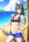 animal_ears animal_tail beach big_breasts black_clothing black_swimwear blue_bottomwear blue_clothing blue_shorts blue_topwear blush blush_lines bottomwear breasts choker clothed clothing eyebrow_through_hair eyebrows eyelashes female food food_in_mouth front_view fur grey_body grey_fur grey_hair hair holding_melee_weapon holding_object holding_sword holding_weapon jewelry long_hair looking_at_viewer melee_weapon musical_note musical_symbol navel necklace open_clothing open_topwear pocky_in_mouth sea shorts solo swimwear sword symbol tan_body tan_skin thick_thighs topwear translucent translucent_hair water weapon wide_hips yellow_eyes tonesword arknights hypergryph pocky studio_montagne texas_(arknights) animal_humanoid canid canid_humanoid canine canine_humanoid humanoid mammal mammal_humanoid wolf_humanoid absurd_res censored hi_res mosaic_censorship