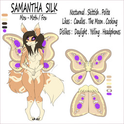 anthro black_sclera border breasts claws dark_eyes featureless_breasts featureless_crotch female fluffy hair pink_border short_hair simple_background slim solo text wings booponies conditional_dnp arthropod canid canine fox hybrid insect lepidopteran mammal moth mox_(species) 1:1 absurd_res english_text hi_res model_sheet