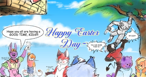 anthro basket bedding blanket blue_bottomwear blue_clothing blue_ears blue_hair blue_shirt blue_shorts blue_topwear blush bone bottomwear bow_ribbon bow_tie branch cheek_bulge chest_tuft clothing cloud container crumbs crumbs_on_face easter_egg egg female green_sleeves group hair hanging_by_arms head_bump hissing holidays kick kneeling leaning lifting_another long_tail male morning nest overalls pink_clothing pink_overalls plant pockets red_bow_tie red_ribbon shirt shorts standing steam tail tail_motion tailwag text topwear tree tuft valken_holmes easter mob_entertainment poppy_playtime smiling_critters catnap_(poppy_playtime) dogday_(poppy_playtime) jhon_(jhon's_story) martin_(w.m-0) thomas_(thomas's_story) bovid bovine canid canine canis cattle felid feline fox hare lagomorph leporid mammal rabbit wolf 2026 dated english_text hi_res watermark