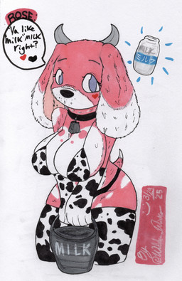 animal_print animal_print_bikini anthro big_breasts bikini bottle breasts bucket clothing collar container cow_print cow_print_armwear cow_print_bikini cow_print_legwear cowbell dialogue fake_horns female fur horn legwear milk milk_container name_in_dialogue pattern_bikini pattern_clothing pattern_swimwear pink_body pink_fur short_tail solo speech_bubble stockings swimwear tail text thick_thighs thigh_highs two-piece_swimsuit mootsncompany rose_(mootsncompany) beagle canid canine canis domestic_dog hunting_dog mammal scent_hound hi_res japanese_text sketch traditional_media_(artwork)