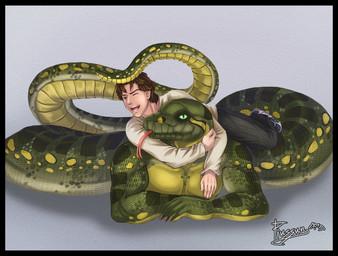 anthro apode black_border border bottomwear brown_hair claws clothed clothing cross cross_necklace denim denim_bottomwear denim_clothing duo footwear forked_tongue green_body green_eyes green_scales green_sclera hair hand_on_neck hug jeans jewelry legless lying male muscular necklace on_front one_eye_closed pants pecs scales serpentine shoes simple_background smile teeth tongue tongue_out wink plussun draconcopode human mammal naga reptile scalie snake 2013
