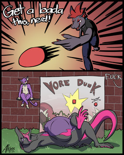2_panel_comic 5_fingers abdominal_bulge anthro anthro_pred belly big_belly black_border blue_eyes border brick_wall countershade_face countershade_feet countershade_torso countershading dialogue digestion_noises direction_lines dunk_tank ear_piercing emanata feet female fingers foreshortening fur grass grey_body grey_fur group hair half-closed_eyes imminent_vore looking_at_another lying mohawk narrowed_eyes on_back on_grass on_ground open_mouth outside piercing pink_body plant profanity purple_body purple_fur purple_sclera red_eyes red_hair sitting size_difference sound_effects speech_bubble tan_body tan_fur text throwing throwing_object tongue tongue_out trio unseen_prey vore wall_(structure) akins nintendo pokemon voretober rico_akins_(character) generation_1_pokemon generation_5_pokemon generation_7_pokemon pokemon_(species) rattata salazzle zoroark 2025 4:5 absurd_res artist_name cel_shading dated english_text hi_res shaded smaller_version_at_source