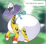 ambiguous_gender ancient_pokemon big_diaper blurred_background clothed clothing diaper english_text feral fur generation_9_pokemon gl1tchedpup huge_diaper long_neck looking_at_viewer nintendo paradox_pokemon pokemon pokemon_(species) purple_eyes raging_bolt solo text text_box wearing_diaper white_body white_fur yellow_body yellow_fur