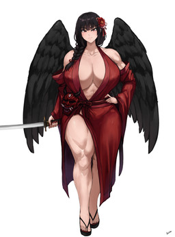 big_breasts biped black_wings braided_hair breasts cleavage clothed clothing feathered_wings feathers female footwear front_view hair hand_on_hip holding_katana holding_melee_weapon holding_object holding_sword holding_weapon katana looking_at_viewer melee_weapon pupils red_clothing red_eyes shoes simple_background solo sword thick_thighs weapon white_background wings batako humanoid winged_humanoid hi_res