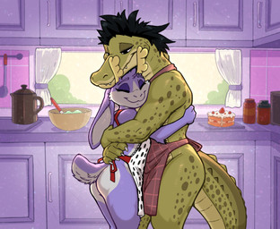 anthro antlers apron apron_only butt clothing duo eyes_closed female fur green_body horn hug kitchen male male/female mostly_nude narrowed_eyes size_difference smile standing tail fatigue_(artist) alligator alligatorid crocodilian jackalope lagomorph leporid mammal reptile scalie digital_media_(artwork) hi_res