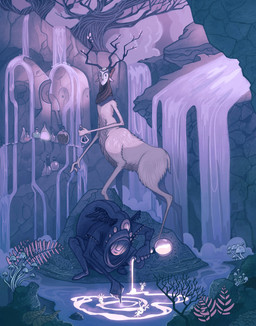 ambiguous_gender cloud crouching detailed_background fungus fur group holding_object holding_potion hood lake leaf male mask mushroom outside plant potion pouring_liquid sculpture size_difference standing statue tail tree water waterfall gavin_valentine deer deer_taur humanoid mammal mammal_taur taur absurd_res digital_media_(artwork) hi_res