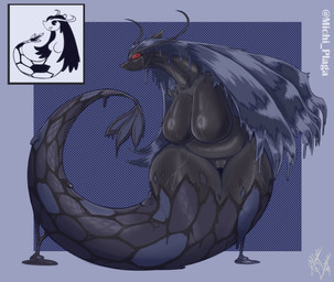 amputee anthro armless big_breasts black_body blue_background blue_body border breasts disability eyelashes featureless_breasts female front_view genitals grey_border huge_breasts nude red_eyes simple_background solo thick_thighs vulva wide_hips michi_plaga nintendo pokemon generation_3_pokemon milotic pokemon_(species) hi_res