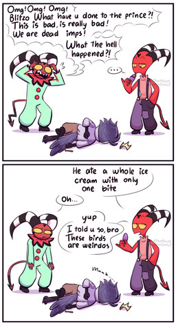 2_panel_comic anthro black_body black_feathers black_hair blue_clothing blue_shirt blue_topwear border bottomwear brain_freeze brown_bottomwear brown_clothing clothed clothing clown_costume crown dessert dialogue ellipsis feather_hair feathers food footwear forehead_tattoo green_onesie group hair hand_behind_back headgear horn ice_cream licking_popsicle long_tongue lying male moan on_side onesie pain panicking pink_clothing pink_shirt pink_sleeveless_shirt pink_topwear pseudo_hair shirt shoes sleeveless_shirt spade_tail striped_horn stripes suspenders tail tail_feathers text tongue topwear trio white_border yellow_sclera young norithelord family_guy_death_pose hellaverse helluva_boss blitzo_(helluva_boss) fizzarolli_(helluva_boss) stolas_(helluva_boss) avian bird demon horned_humanoid humanoid imp owl owl_demon tailed_humanoid 2022 absurd_res comic english_text hi_res meme