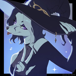 anthro clothing female hat headgear headwear purple_eyes simple_background solo tongue tongue_out witch_hat occultistruth calypso_tayro canid mammal 1:1 2026 absurd_res hi_res