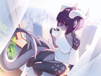 anthro clothing container cup drinking_tea female footwear horn mug oversized_clothing oversized_shirt oversized_topwear panties shirt sitting socks solo topwear underwear white_clothing white_footwear white_panties white_socks white_underwear window window_sill saika076 mythology yubi_clearsky dragon mythological_creature mythological_scalie scalie hi_res