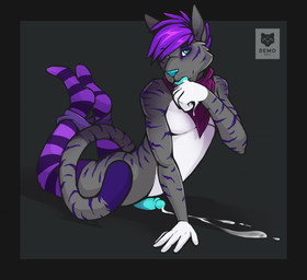 after_masturbation anthro arched_back athletic athletic_male black_border blue_eyes blue_nose blue_penis blue_tongue bodily_fluids border clothed clothing countershading cum cum_on_ground cum_on_hand dipstick_tail erection footwear fur genital_fluids genitals gloves_(marking) grey_background grey_body grey_fur grey_inner_ear_fluff hair inner_ear_fluff kerchief kerchief_only legwear licking_cum lying male male_anthro markings nude_male on_front partially_clothed pattern_clothing pattern_footwear pattern_legwear pattern_socks penis purple_body purple_clothing purple_fur purple_hair purple_kerchief purple_stripes purple_underwear short_hair simple_background socks solo striped_clothing striped_footwear striped_socks stripes tail tail_markings text tongue tuft underwear underwear_down whisker_spots white_body white_fur d3mo domestic_cat felid feline felis mammal 2017 artist_name cel_shading dated shaded signature