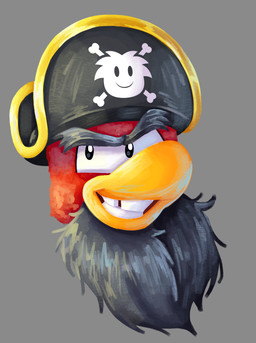 anthro beard black_beard black_clothing black_facial_hair black_hat black_headwear clothing facial_hair fur grey_background grin hat headgear headwear male pirate_hat red_body red_fur simple_background smile solo teeth ymuy club_penguin captain_rockhopper avian bird penguin