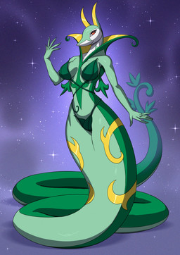 5_fingers anthro apode biped breasts clothed clothed_anthro clothed_female clothing female fingers green_body green_tail legless looking_at_viewer red_eyes serpentine simple_background smile solo tail alanscampos nintendo pokemon draconcopode generation_5_pokemon naga pokemon_(species) serperior 2026 digital_drawing_(artwork) digital_media_(artwork) hi_res