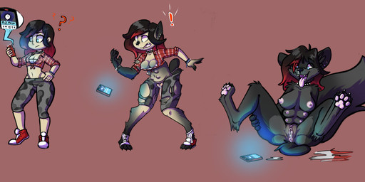 5_fingers 6_breasts anthro anus base_one_layout basic_sequence black_body black_fur black_nose bodily_fluids bottomwear breast_expansion breast_growth breasts clothing collar collar_only electronics expansion female fingers footwear fur genital_fluids genitals growth highlights_(coloring) holding_object holding_phone human_to_anthro linear_sequence multi_breast multi_breast_growth navel nipples nude one_row_layout open_mouth pants pattern_clothing pattern_topwear pawpads phone pink_pawpads plaid plaid_clothing plaid_topwear red_highlights shirt shoes simple_background smile solo species_transformation spread_legs spreading standing surprised tail tail_growth text thong thong_straps three_frame_image three_frame_sequence tongue tongue_out topwear torn_clothing transformation transformation_sequence underwear vaginal_fluids vulva dascarl mythology redshift_(reddrawsstuff) canid canine canis human mammal mythological_canine mythological_creature werecanid werecanine werecreature werewolf wolf 2021 absurd_res english_text hi_res sequence