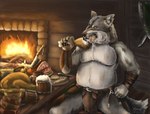 alcohol anthro armor barbarian belly beverage big_bulge bodily_fluids bulge eating eating_food feast fire food leather leather_armor male meat overweight overweight_male saliva sitting solo viking wall_(structure) wood wood_wall yenocwolf canid canine canis mammal wolf digital_media_(artwork) digital_painting_(artwork) hi_res portrait three-quarter_portrait