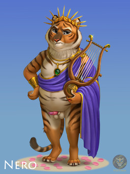 animal_genitalia animal_penis anthro balls black_sheath_slit clothing crown feline_genitalia feline_penis gem genitals gold_(metal) gold_jewelry grey_eyes grumpy headgear jewelry looking_at_viewer lyre male musical_instrument necklace nude orange_body penis plucked_string_instrument ring royalty sheath_slit shirt simple_background solo string_instrument striped_body stripes text toga topwear tunic white_body vestina the_feast_of_nero nero_(vestina) felid mammal pantherine tiger hi_res