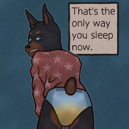 abdl ambiguous_fluids anthro bedwetting bodily bodily_fluids butt clothing dialogue diaper genital_fluids genitals incontinence male pajamas pull-ups_(diaper) punishment solo text urine wetting dogsmoker 1:1 english_text