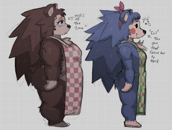 accessory anthro apron barefoot belly big_breasts big_butt black_eyes black_nose blue_body blue_fur blue_hair breasts brown_body brown_fur brown_hair butt checkered checkered_background cheek_spots chest_tuft clothing directional_arrow dot_eyes duo eyelashes feet female freckled_face freckles frowney_face fur gloves_(marking) green_apron green_clothing hair hair_accessory hair_ribbon leg_markings lips long_eyelashes long_hair markings overweight overweight_anthro overweight_female pattern_apron pattern_background pattern_clothing pink_apron pink_clothing plaid plaid_apron plaid_clothing quill_hair quills_(anatomy) ribbons short_tail simple_background simple_eyes small_breasts snout socks_(marking) tail text tuft white_belly white_body white_fur white_inner_ear barndrg13 animal_crossing evil_container nintendo mabel_able sable_able eulipotyphlan hedgehog mammal 2025 english_text hi_res watermark widescreen sibling_(lore) sister_(lore) sisters_(lore)