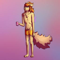 anthro breasts clothed clothing drinking_coffee featureless_breasts female flat_chested fluffy fluffy_tail fur hair messy_hair orange_hair solo standing tail tan_body tan_fur tired topless underwear yellow_clothing yellow_underwear trycia_lotus canid canine fox mammal 1:1 absurd_res hi_res