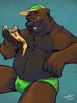 anthro belly big_belly black_nose brown_body brown_fur bulge clothing food fur hat headgear headwear humanoid_hands male moobs overweight overweight_male pizza pizza_slice sitting solo underwear k-9 barry_the_pizza_bear bear mammal 2022 hi_res