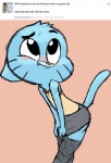 anthro anthrofied big_head blush bottomwear clothed clothing crossdressing femboy fishnet_clothing legwear male shy skirt solo stockings tail text toony young stickypad cartoon_network the_amazing_world_of_gumball gumball_watterson domestic_cat felid feline felis mammal english_text