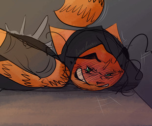 anthro bent_over blush drunk implied_nudity male solo substance_intoxication cringe_kakava dog_man_(series) petey_the_cat felid feline mammal absurd_res hi_res