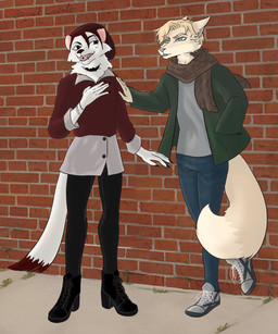 anthro black_boots black_bottomwear black_clothing black_footwear black_pants blonde_hair boots bottomwear bracelet brick brick_wall brown_scarf choker claws clothing coat collared_shirt concrete_floor dark_eyes dark_tail_tip denim denim_bottomwear denim_clothing dipstick_tail duo fangs female footwear fur green_clothing green_coat green_eyes green_jacket green_topwear grey_clothing grey_nose grey_shirt grey_topwear hair high_heeled_boots high_heels jacket jeans jewelry leaning_on_another male markings nails necklace on_one_leg pants red_clothing red_sweater red_topwear scarf shirt shoes sneakers standing sweater tail tail_markings teeth teeth_showing topwear wall_(structure) white_body white_collared_shirt winter_clothing winter_coat yellow_body yellow_fur signed.lavender brush_(here2express) cal_(here2express) canid canine fox mammal mustelid musteline stoat true_musteline weasel 5:6 hi_res