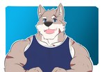 anthro arm_scar black_nose blue_eyes cheek_scar cheek_tuft clothed clothing eyebrow_scar eyebrows facial_scar facial_tuft head_tuft inner_ear_fluff male open_mouth open_smile scar shirt smile solo tank_top topwear tuft frankescobarx ryan_grant canid canine canis mammal wolf half-length_portrait portrait