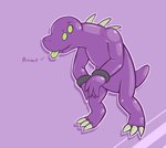 2020 4_eyes acrid anthro bent_over claws english_text green_eyes male multi_eye nude purple_body risk_of_rain silvrsterlng simple_background solo standing text toe_claws tongue tongue_out toony wristband